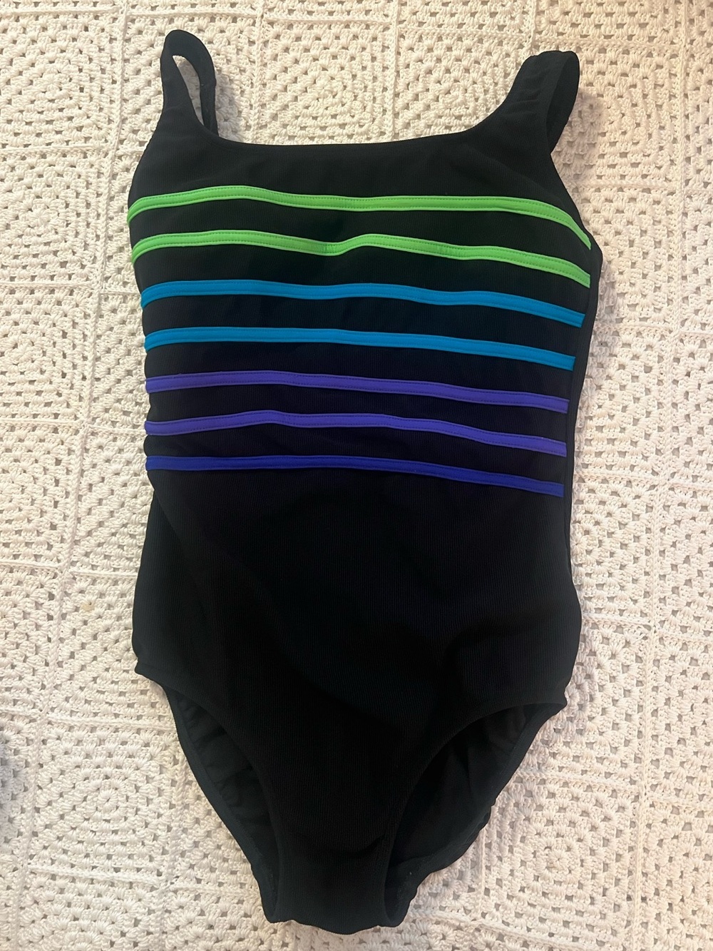 Longitude Black with Color Stripes Vintage One Piece Swimsuit Sz 12